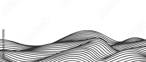 Vector abstract line art wavy flowing dynamic black isolated on transparent background in concept wave, wind, ocean