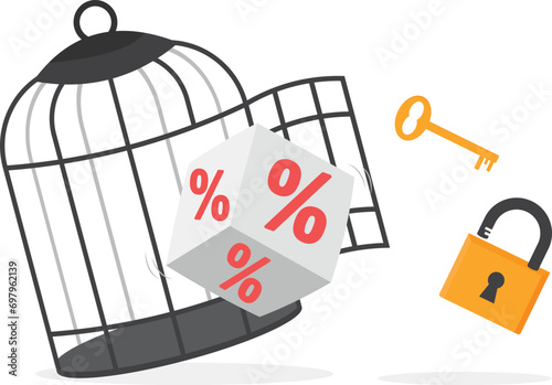 Cube block with percentage symbol icon with key free himself from cage. Interest, financial and mortgage rates. Vector illustration

