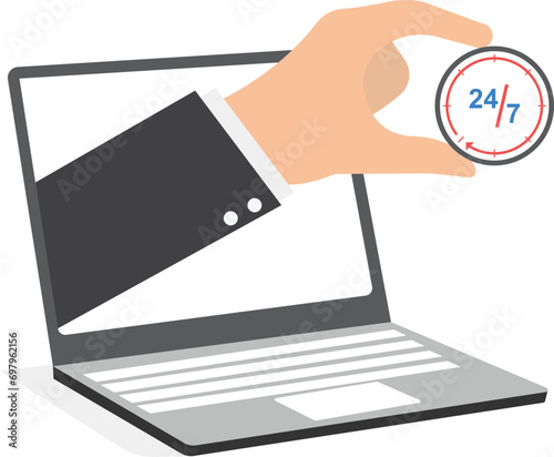 Computer laptop with clock. 24-7 support service, working hours. Open time. Success in long term investment. Flat vector illustration

