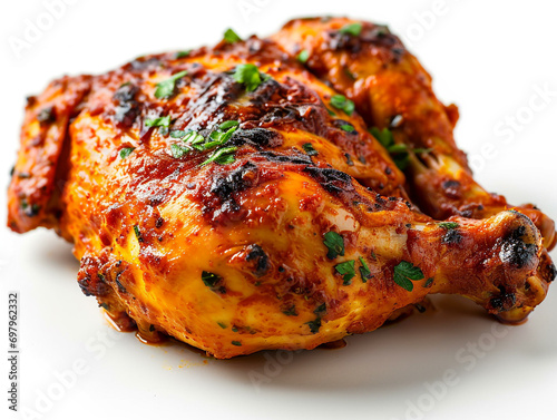 Roasted chicken with piri piri seasoning isolated on a white background. Whole chicken.  photo