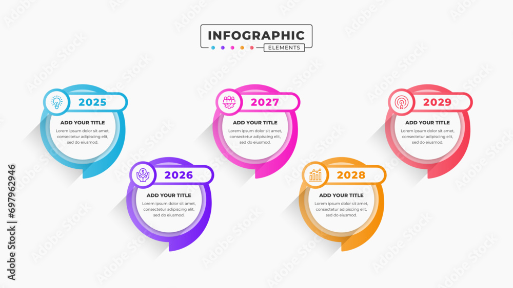 Vector presentation speech bubble timeline infographic design template with 5 steps or options - obrazy, fototapety, plakaty 