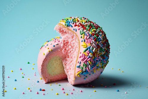 A bitten pink donut with colorful sprinkles. Generative AI