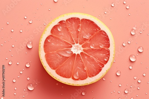 Sliced grapefruit  ice  water droplets from above on pale pink background. Generative AI