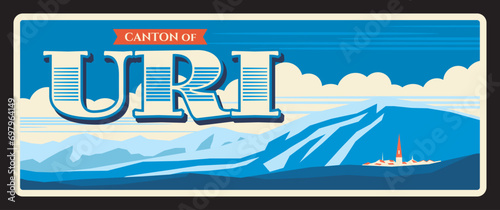 Uri Swiss canton tin sign, retro travel plate, tourist destination banner with antique typography. Canton territory landmark with sea and mountains landscape, lighthouse on island, blue sky © Vector Tradition