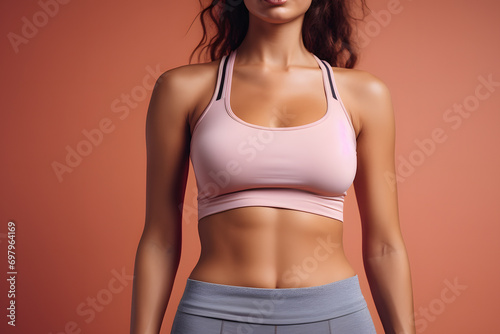 Close up of woman's stomach in sport clothes with crop top in front of orange studio background