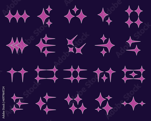 Collection of abstract y2k star shape elements. Filled line style dark purple and pink star shape elements.