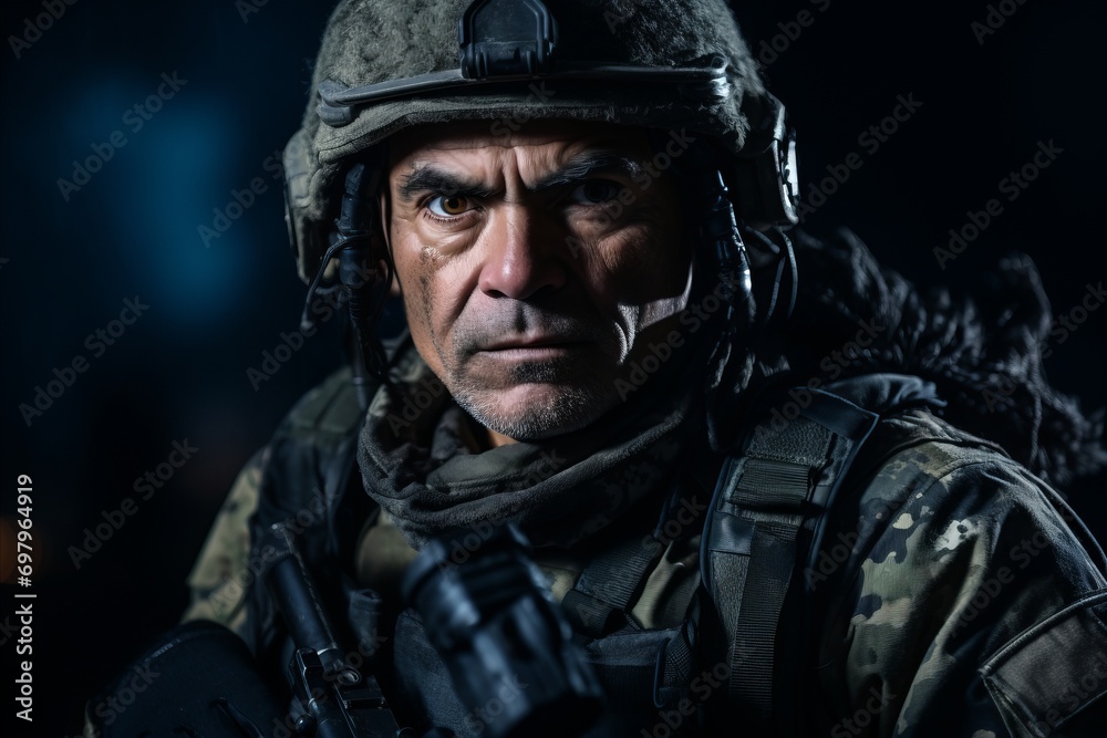 Portrait of a special forces soldier with a gun on a dark background