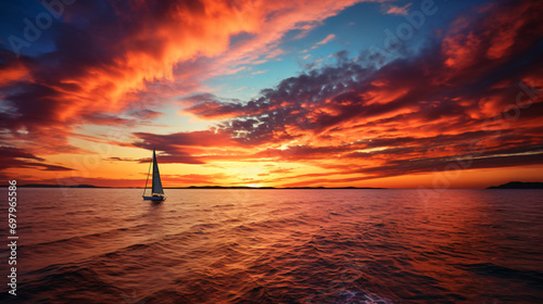 Aerial image of a dramatic sunset over the ocean war