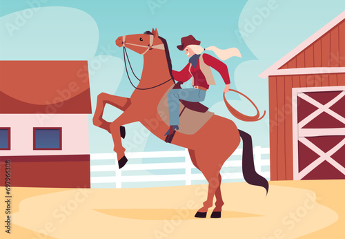 Cowgirl riding on horse at a Rodeo, vector swag cowgirl with rope rides horse on ranch, American western rodeo woman