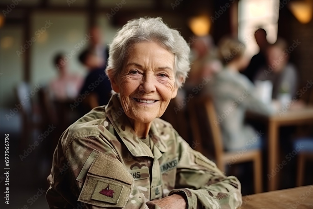 Portrait of a happy senior woman in military uniform sitting in cafe - obrazy, fototapety, plakaty 