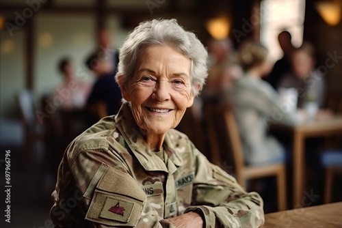 Portrait of a happy senior woman in military uniform sitting in cafe photo