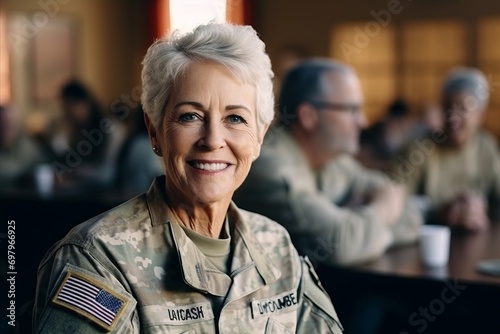 Portrait of mature woman in military uniform smiling at camera in office
