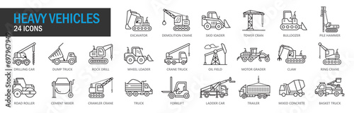 Heavy Equipment icon set. Excavator, Motor Grader, Forklift, Tower Cran, Bulldozer, Pile Hammer, Drilling Car, Dump Truck, Rock Drill, Wheel Loader, Crane Truck. Icon vector collection. EPS, PNG, JPG photo