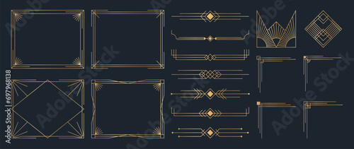 Collection of geometric art deco ornament. Luxury golden decorative elements with different lines, frames, headers, dividers and borders. Set of elegant design suitable for card, invitation, poster.
