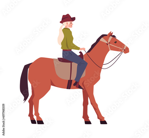 Blonde smiling cowgirl riding horse side view flat style, vector illustration