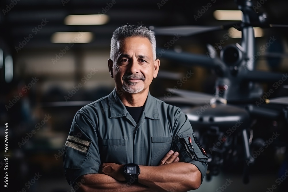 Portrait of confident mature male pilot standing with arms crossed in gym