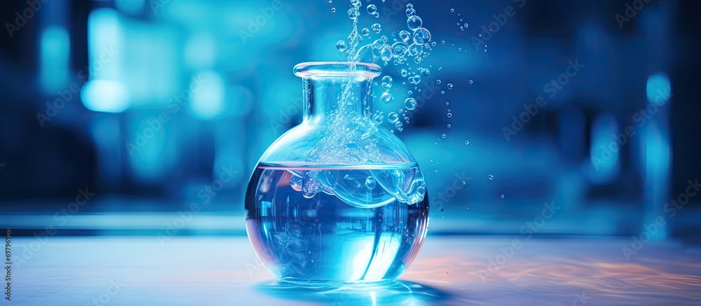 Blown-up visual of a flask containing blue liquid in a contemporary lab. Blown-up visual of a flask containing blue liquid in a contemporary lab.