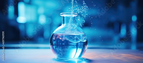 Blown-up visual of a flask containing blue liquid in a contemporary lab.