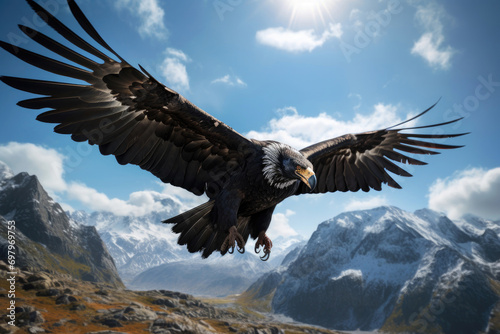 An Andean Condor soaring gracefully over the rugged peaks of the Andes Mountains © Veniamin Kraskov