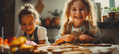 Family baking and decorating a delicious assortment of themed cookies, smiles and laughter. Banner.
