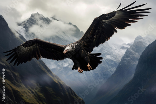 An Andean Condor soaring gracefully over the rugged peaks of the Andes Mountains photo
