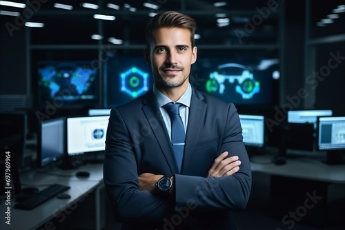 Portrait of a handsome young businessman standing in front of computer screens