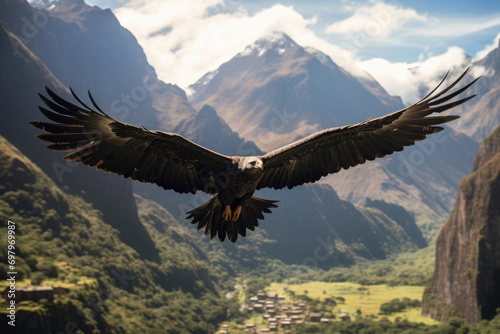 An Andean Condor soaring gracefully over the rugged peaks of the Andes Mountains