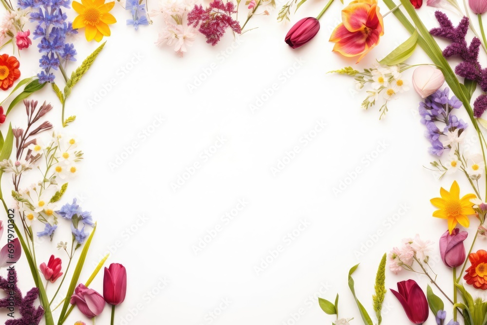 Frame with colorful flowers on clear white background Greeting card design for holiday Mother's day Easter springtime composition with copy space