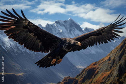 An Andean Condor soaring gracefully over the rugged peaks of the Andes Mountains © Venka
