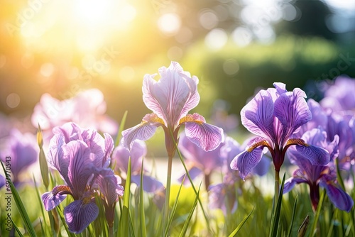 garden with violet iris flowers with blurred background with bokeh sunshine with copy space. Spring concept