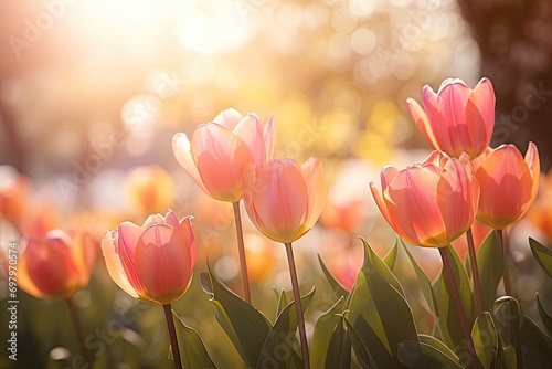 Pink tulips in pastel coral tints at blurry background, closeup. Fresh spring flowers in the garden with soft sunlight for your horizontal floral poster, wallpaper or holidays card. #697970574