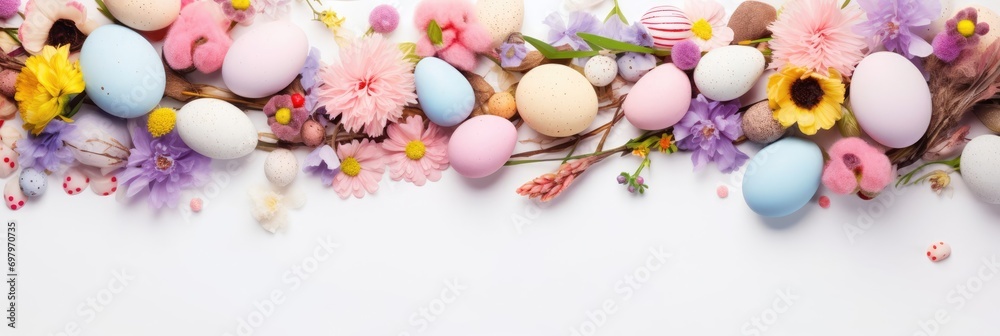 Happy Easter card creative holiday concept with easter eggs in nest spring flowers and candies with copy space for text Flat lay pattern. Banner