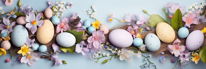 Happy Easter card creative holiday concept with easter eggs in nest spring flowers and candies with copy space for text Flat lay pattern. Banner