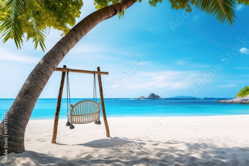 Tropical beach background as summer landscape with beach swing or hammock and white sand and calm sea for beach banner. Perfect beach scene vacation and summer holiday concept