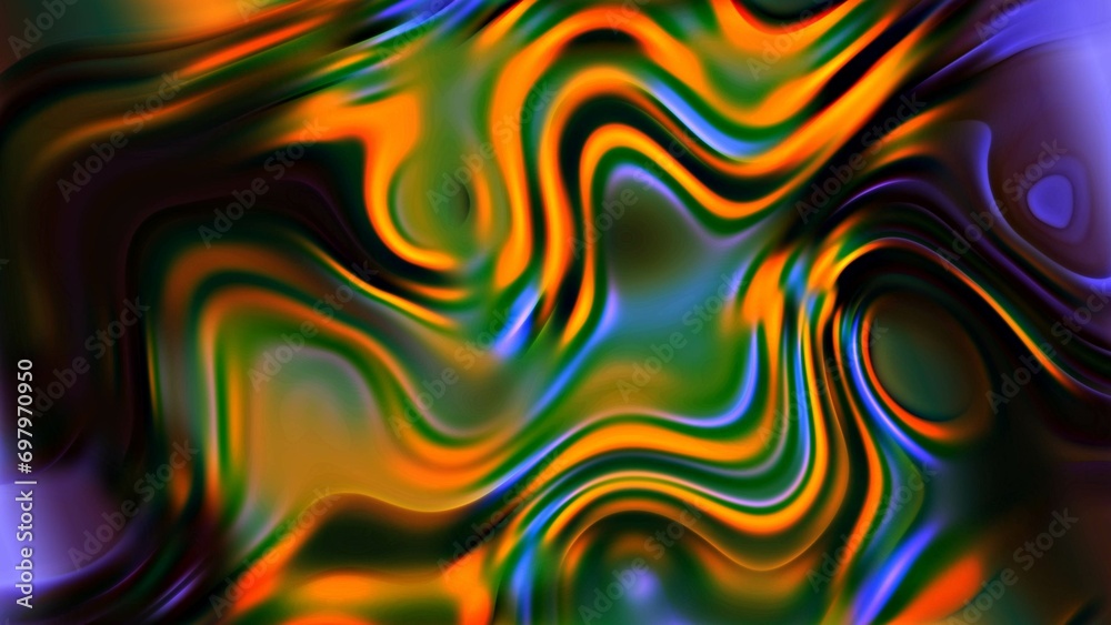 Abstract orange, green and royal blue liquid. Concept Multi color beautiful Liquid Pattern. Purple Blue Wavy Reflection. Liquid background 4k Illustration.