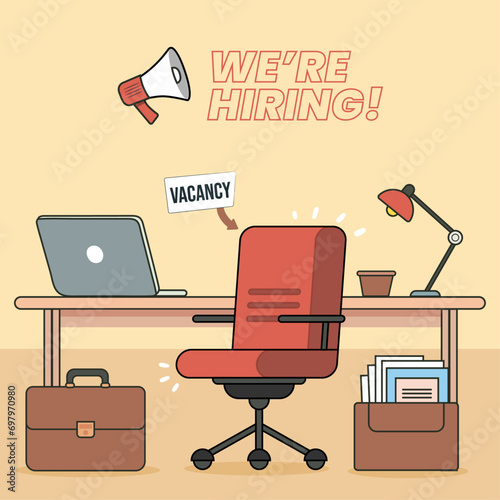 corporate business we are hiring job requirement vacant sign on office chair poster design cartoon flat vector empty workplace looking for employee, candidate, employment banner template flyer seeking