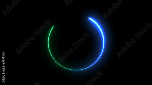 Abstract Neon line circle shape drawn on with full rotation. Black background 4k Illustration blue and turquoise. photo