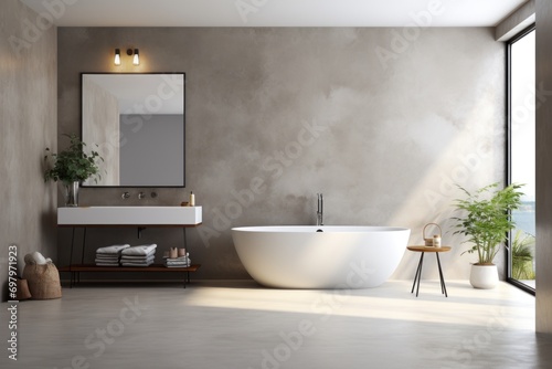 Modern bathroom interior with beige walls  Minimalist beige bathroom with modern furniture