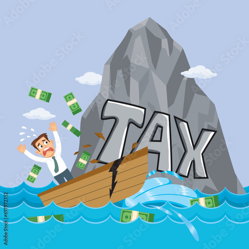 Businessman in a sinking boat with collides with iceberg. illustration vector cartoon.