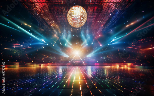 Concert stage in disco style with colorful lights and shimmering disco ball above the stage