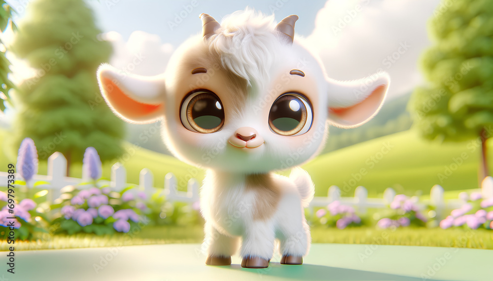 A 3D rendering of a playful and cute baby goat character. The goat has large, curious eyes and a small, joyful smile. Its fur is fluffy and white, Generative AI A 3D rendering of a playful and cute baby goat character. The goat has large, curious eyes and a small, joyful smile. Its fur is fluffy and white, Generative AI