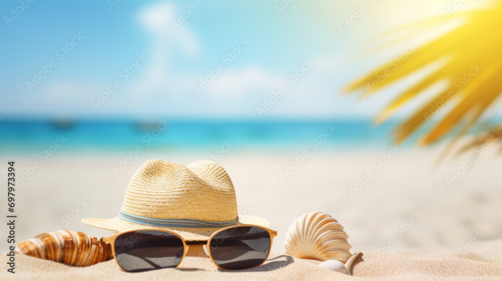 Straw hat and sun glasses on a tropical beach Straw hat and sun glasses on a tropical beach