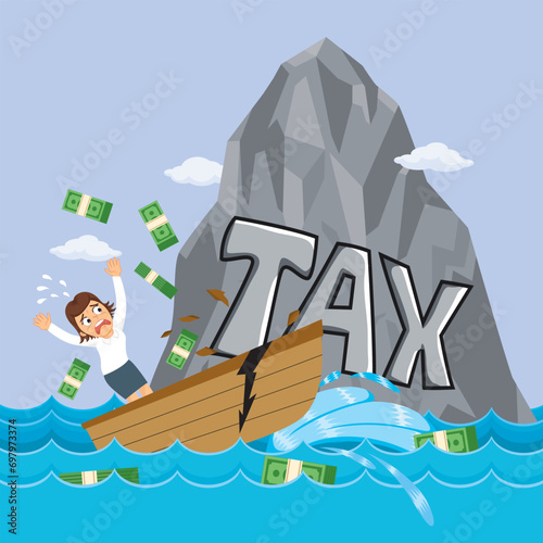 Businesswoman in a sinking boat with collides with iceberg. illustration vector cartoon.