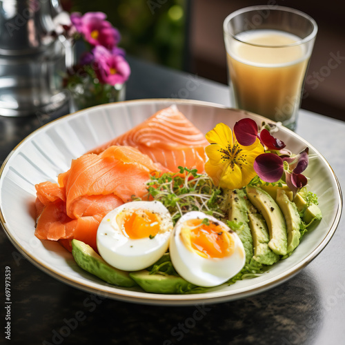 Salmon, avocado and poached egg breakfast