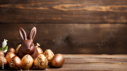 Chocolate Easter bunny rabbit with colorful eggs, holiday concept