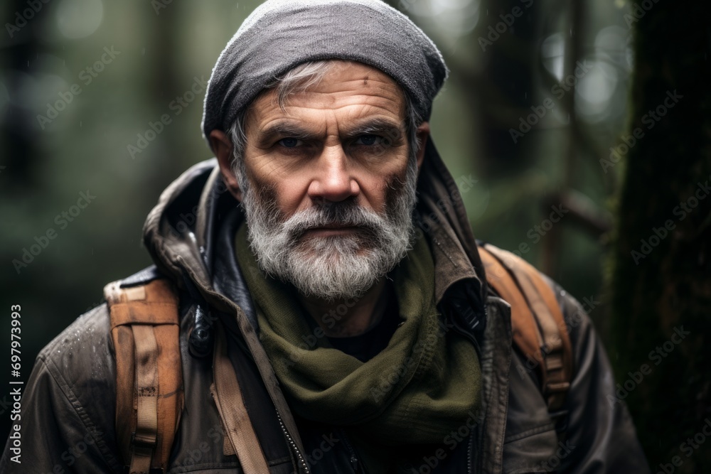 Portrait of a senior man with a gray beard and a bandana on his head standing in the rain.