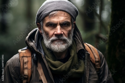 Portrait of a senior man with a gray beard and a bandana on his head standing in the rain. © Nerea