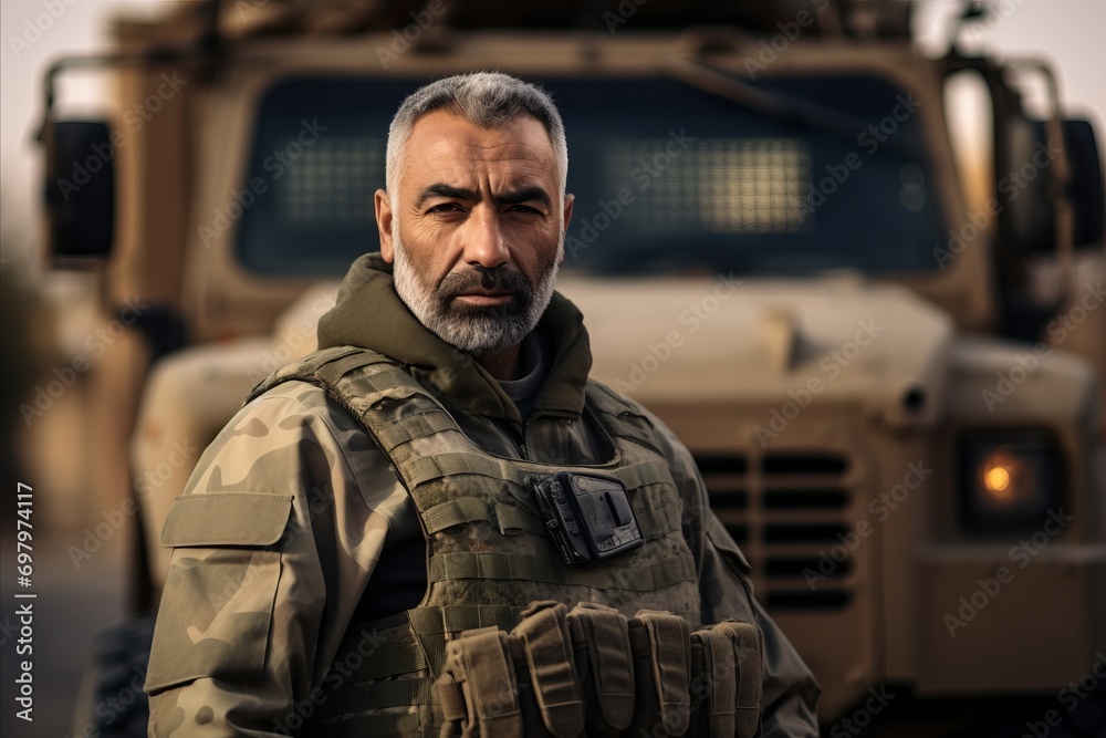 Portrait of a mature soldier standing in front of a military truck