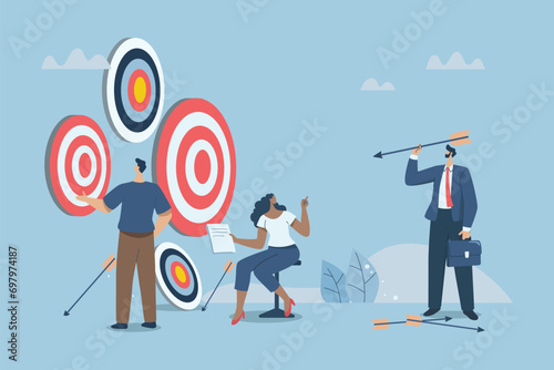 Multiple objectives, Aiming at multiple targets, Failures and incorrect attempts, Unable to decide which target to shoot at, Businessteam with multiple arrows and targets. Vector design illustration. photo