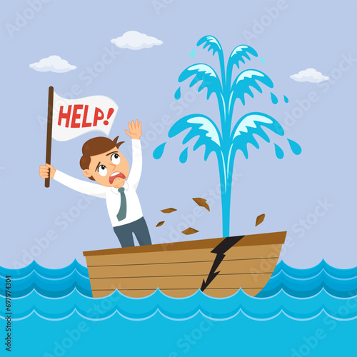 Businessman in a sinking boat with with a message asking for help. illustration vector cartoon.